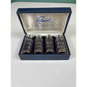 Raimond Silverplate Cobalt Glass Salt & Pepper Shakers‎ Set w Box Vintage